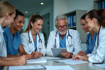 Groupe de professionnels de santé en réunion hospitalière