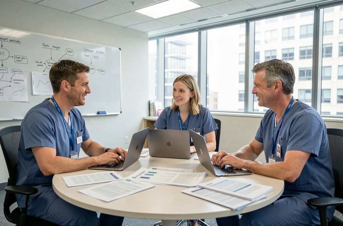 Équipe médicale pluridisciplinaire en réunion de travail autour de rapports de santé, symbolisant les nouvelles perspectives et innovations du secteur santé en 2026