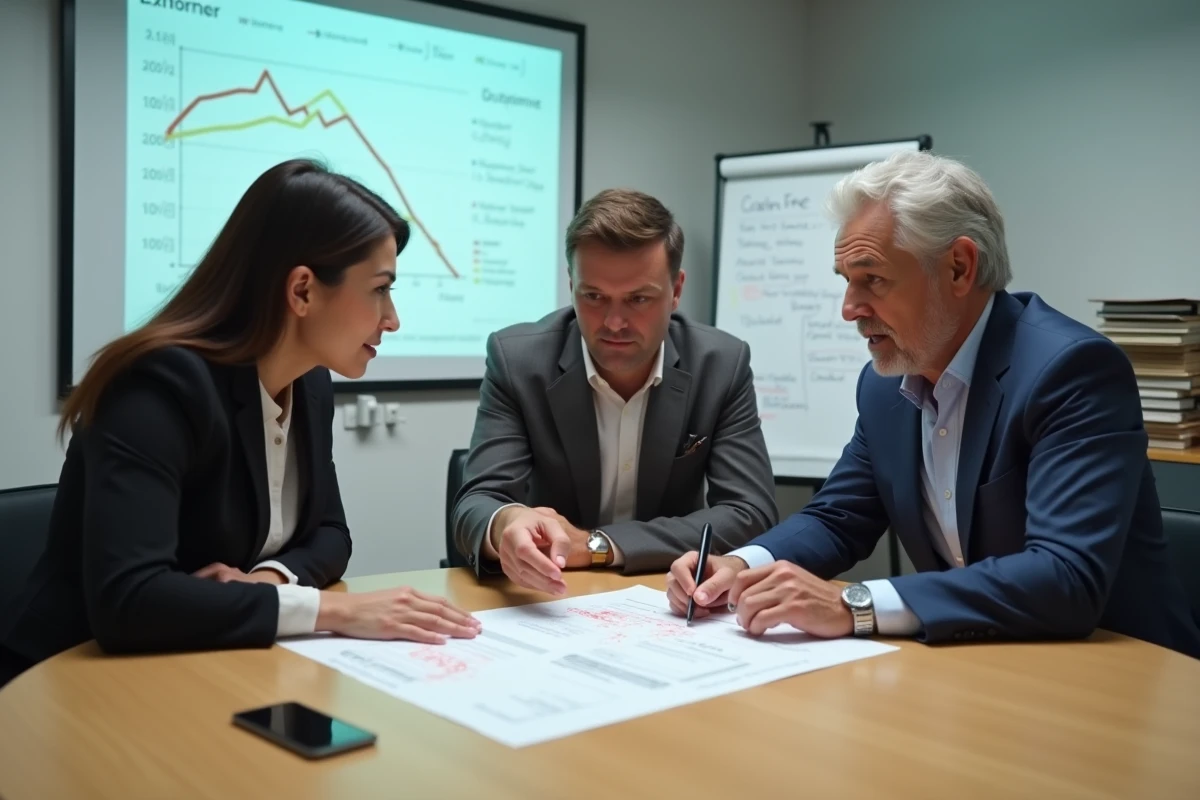 Équipe de PME en réunion d'urgence analysant des indicateurs financiers préoccupants autour d'un rapport annoté
