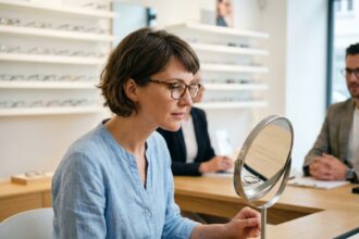 Femme essayant des lunettes dans un magasin d'optique moderne à Bourbourg