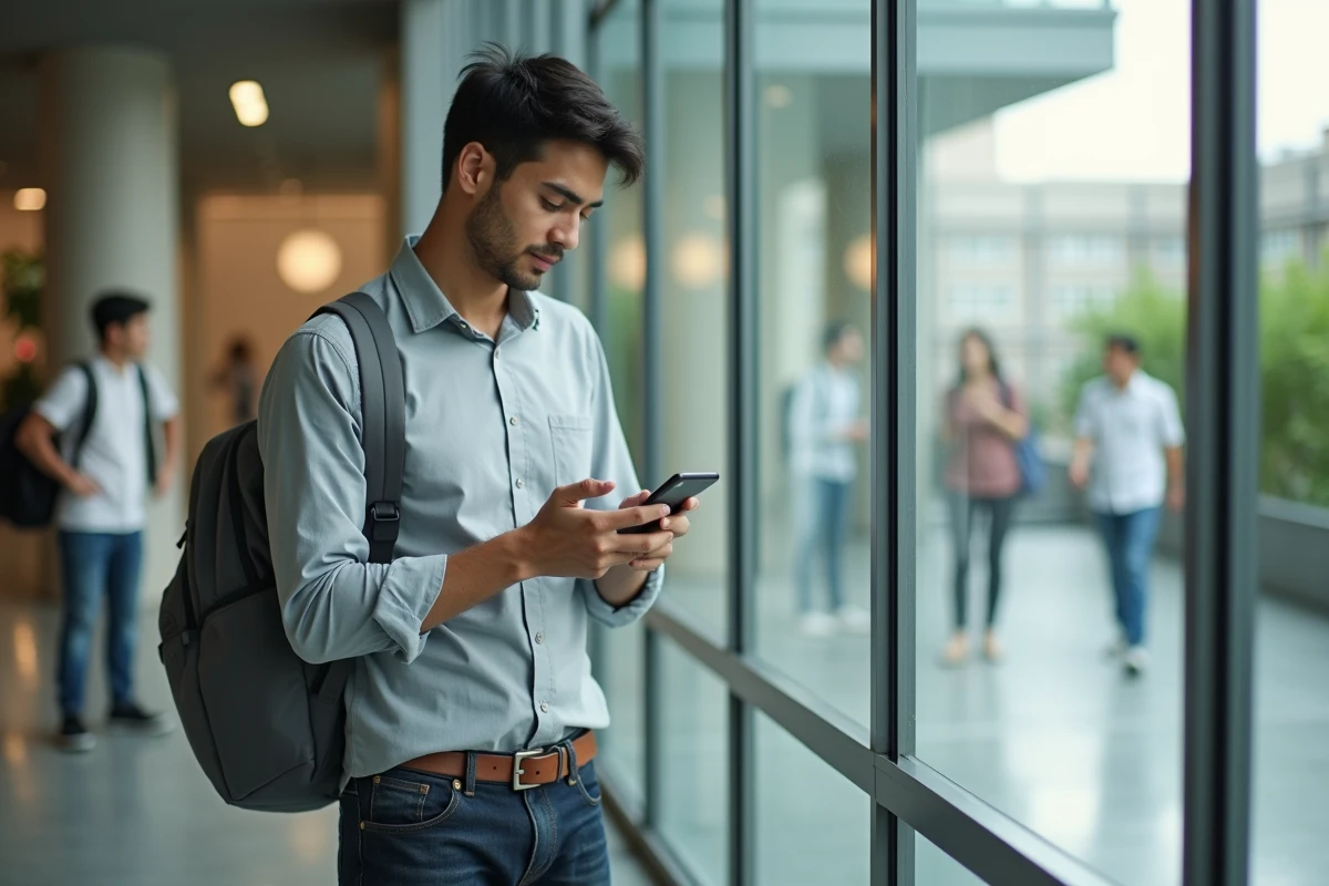 Étudiant consultant sa messagerie universitaire UPEC sur son smartphone dans un espace commun de campus moderne