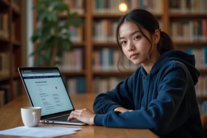 Étudiante connectée à son portail universitaire Cristolink sur un ordinateur portable dans une bibliothèque universitaire moderne