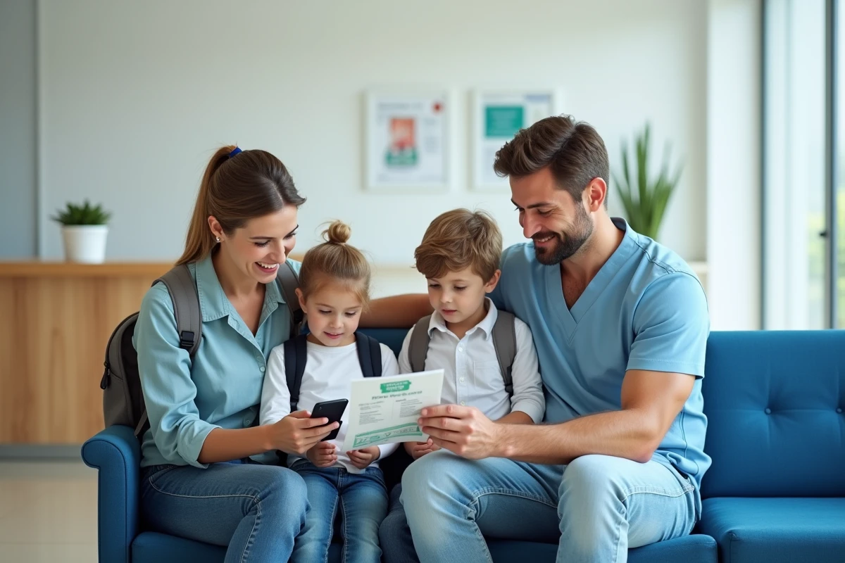 Famille avec enfants dans une salle d'attente médicale moderne consultant un annuaire de médecins sur smartphone
