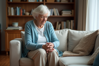 Femme âgée se massant le genou dans un salon chaleureux