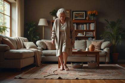 Femme agee hesitant devant un tapis enchevetre dans le salon