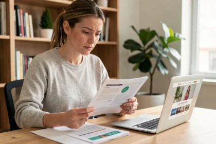 Femme analysant un programme fitness à son bureau avec un regard critique et des documents imprimés