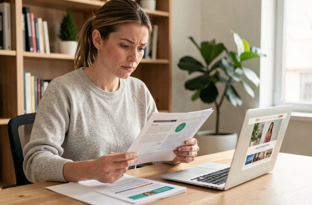 Femme analysant un programme fitness à son bureau avec un regard critique et des documents imprimés