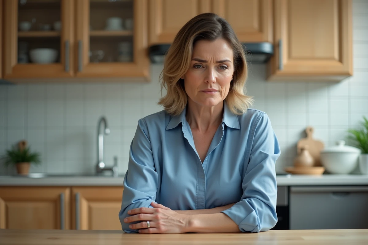 Femme assise à la table de cuisine avec expression anxieuse