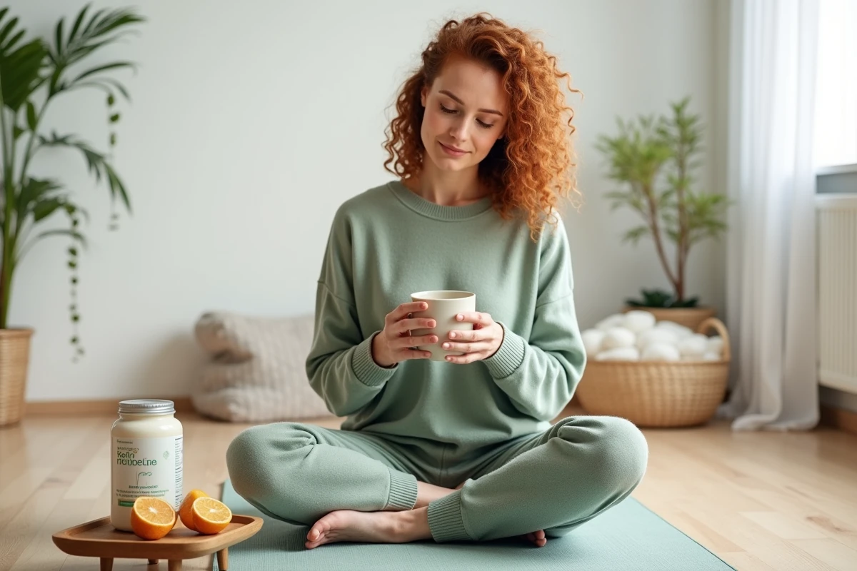 Femme en séance bien-être avec kéfir et probiotiques posés sur un plateau en bois symbolisant une routine minceur naturelle et équilibrée