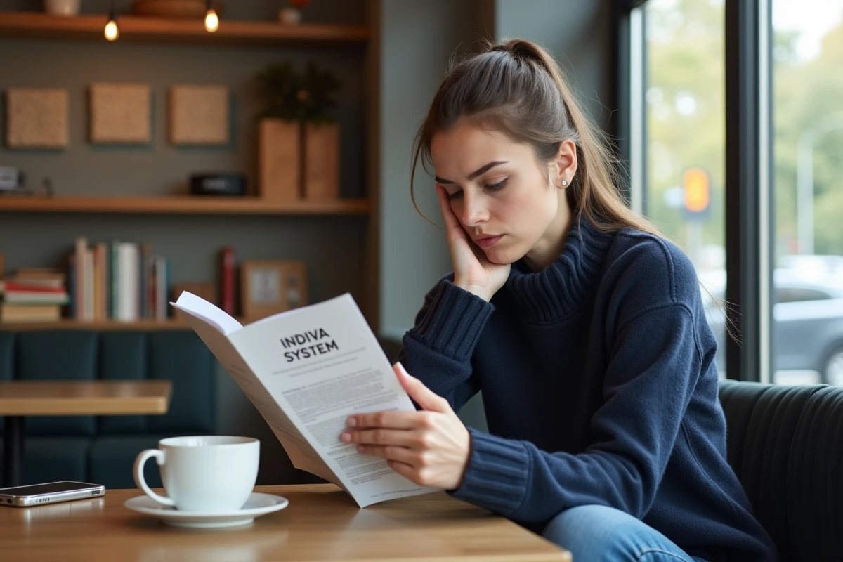 Jeune femme lisant un dépliant indiva dans un café