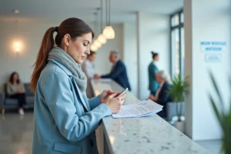 Femme attentive vérifiant le répertoire à la réception