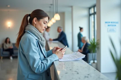 Femme attentive vérifiant le répertoire à la réception