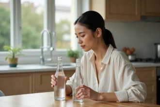 Femme comparant deux bouteilles d'eau minérale et d'eau de source sur une table de cuisine en bois