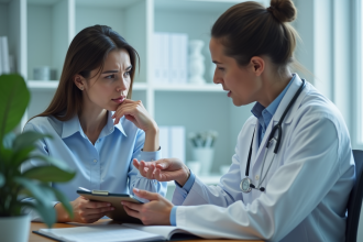 Femme inquiète consulte un médecin dans un cabinet moderne