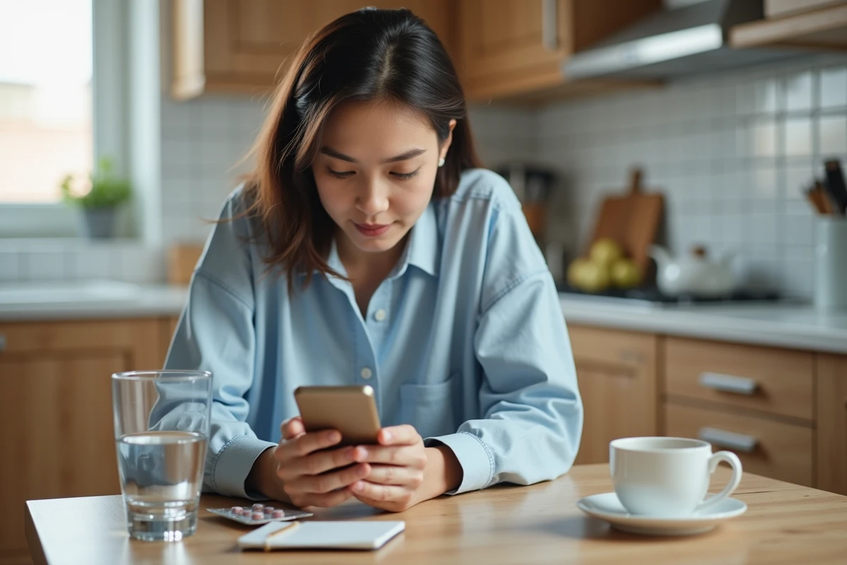 Femme consultant des conseils médicaux sur son téléphone en attendant un rendez-vous pour des ganglions inguinaux douloureux