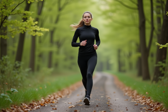 Femme en course dans la foret au printemps