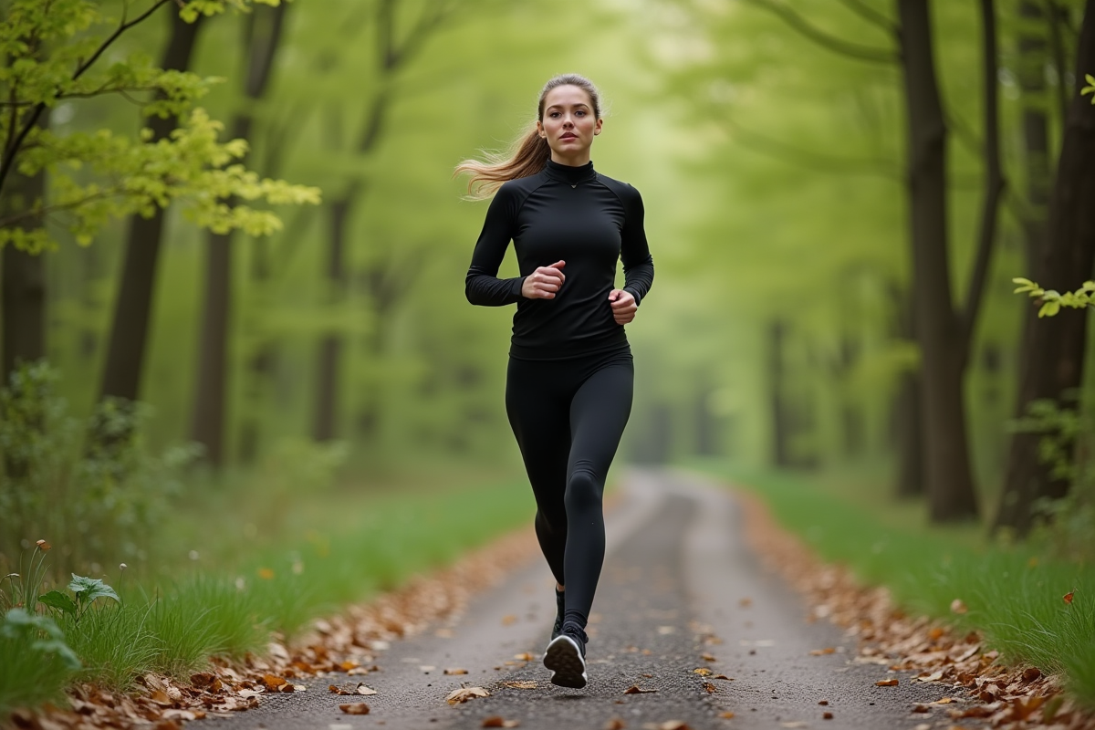 Femme en course dans la foret au printemps
