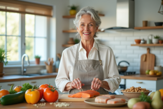 Femme senior préparant un repas sain riche en vitamine B3