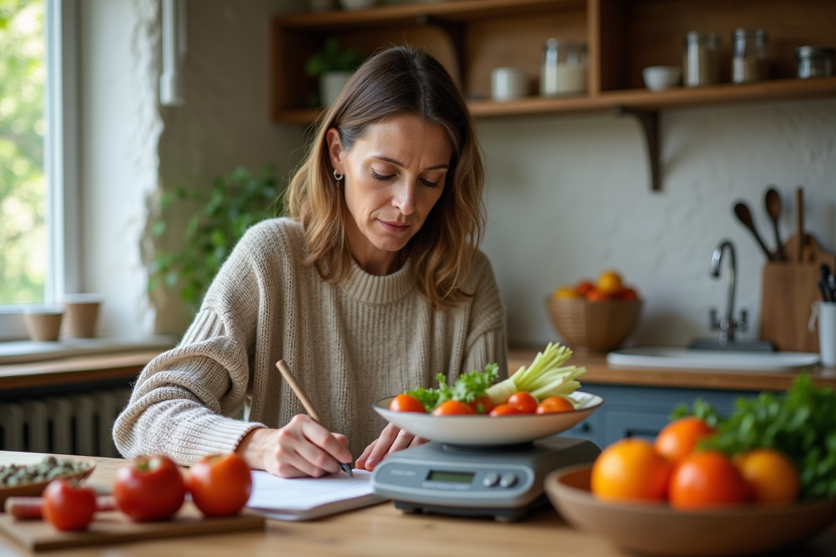 Femme d'âge moyen pesant légumes dans la cuisine