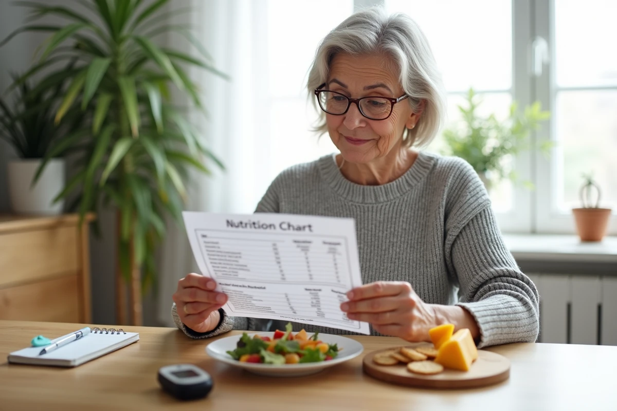 Femme diabétique consultant un tableau nutritionnel en mesurant sa portion de fromage au déjeuner