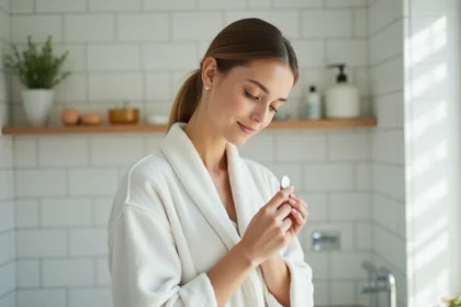 Femme tenant un disque menstruel dans une salle de bain moderne, illustration de l'utilisation du Femdisc