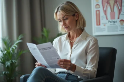 Femme en consultation dans un cabinet moderne lisant une brochure sur les polypes
