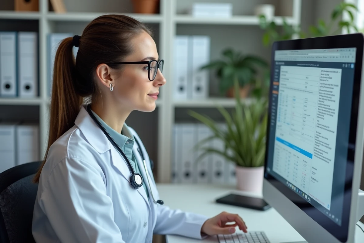 Docteur femme consulte des résultats sur un ordinateur au bureau