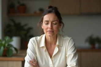 Femme d'âge moyen tenant son abdomen, exprimant une douleur émotionnelle liée à un diverticule