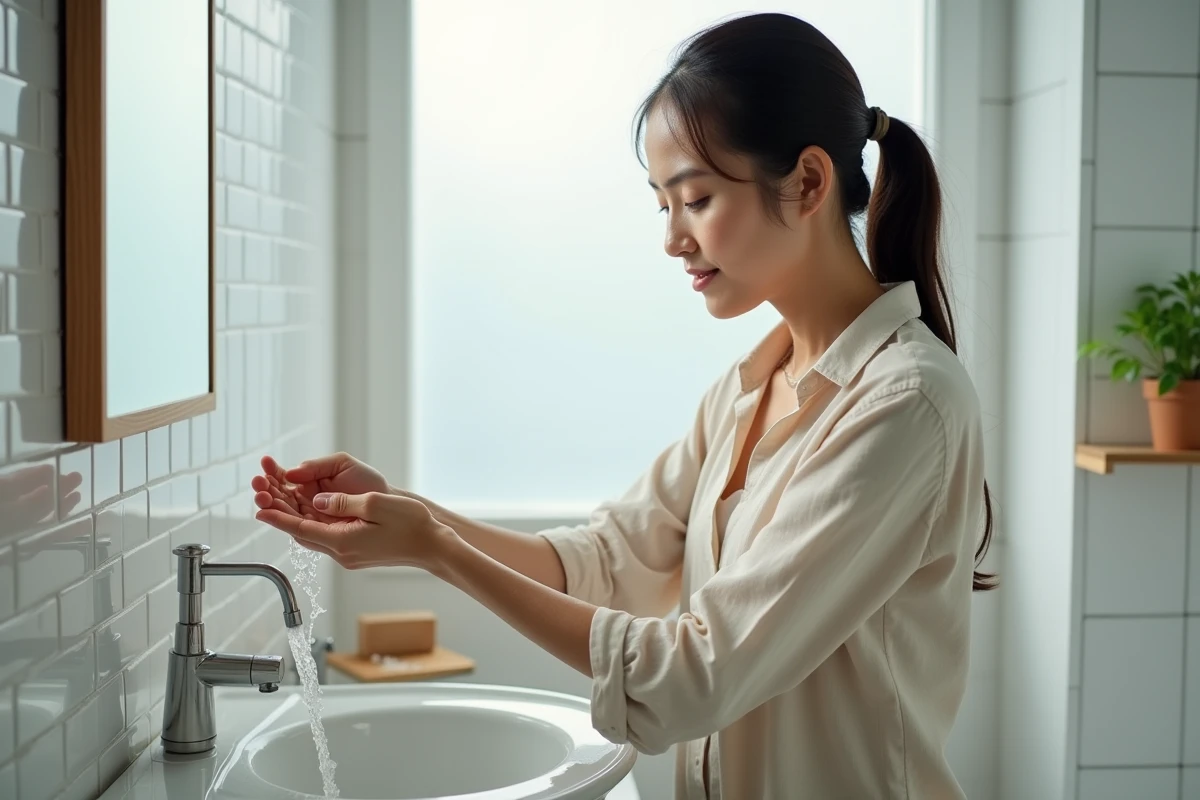 Femme passant son avant-bras sous l'eau froide comme remède naturel contre les fourmillements