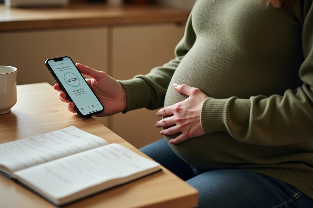 Femme enceinte comparant le calcul de la date d'accouchement sur son téléphone et dans son carnet personnel