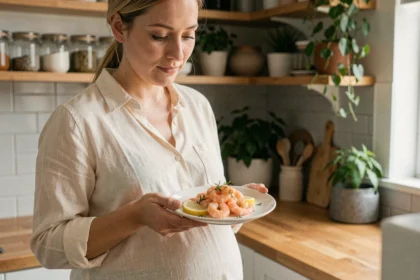 Femme enceinte dans une cuisine moderne tenant une assiette de crevettes roses cuites, illustrant la consommation sécurisée de fruits de mer pendant la grossesse