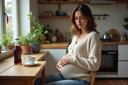 Femme enceinte assise à la cuisine avec café et soda