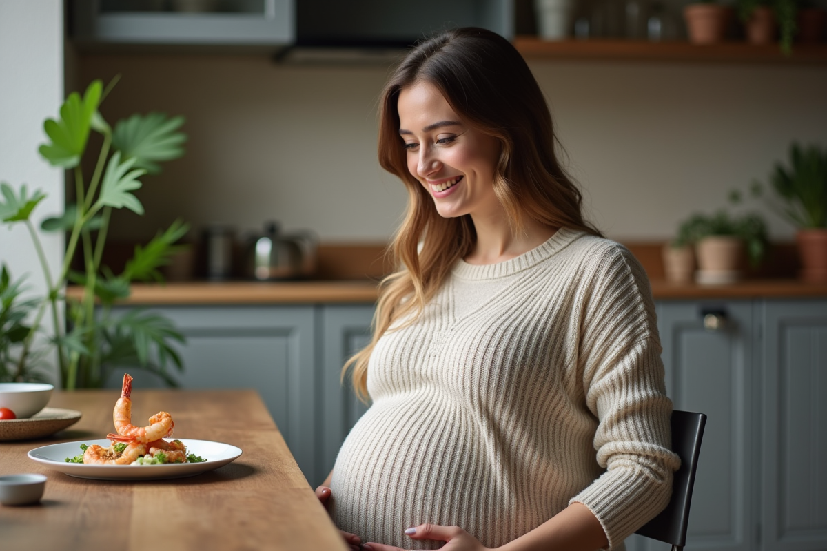 Femme enceinte souriante dans la cuisine avec salade et crevettes