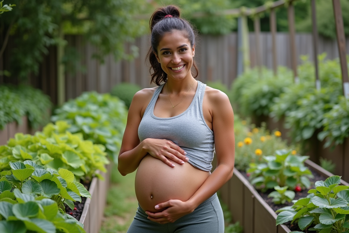 Jeune femme enceinte cueillant des baies dans un jardin lush