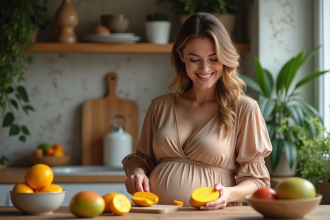 Femme enceinte souriante coupe une mangue dans la cuisine chaleureuse