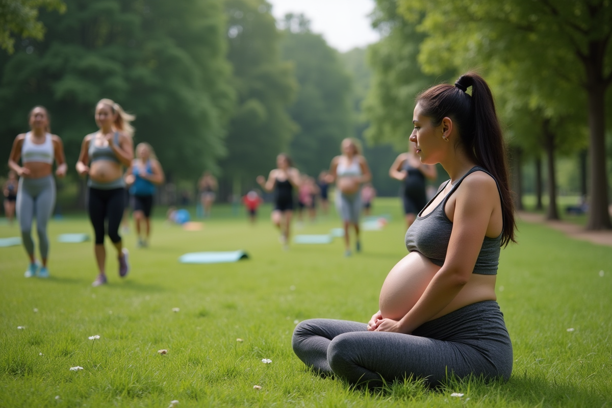 Femme enceinte assise dans un parc en groupe fitness