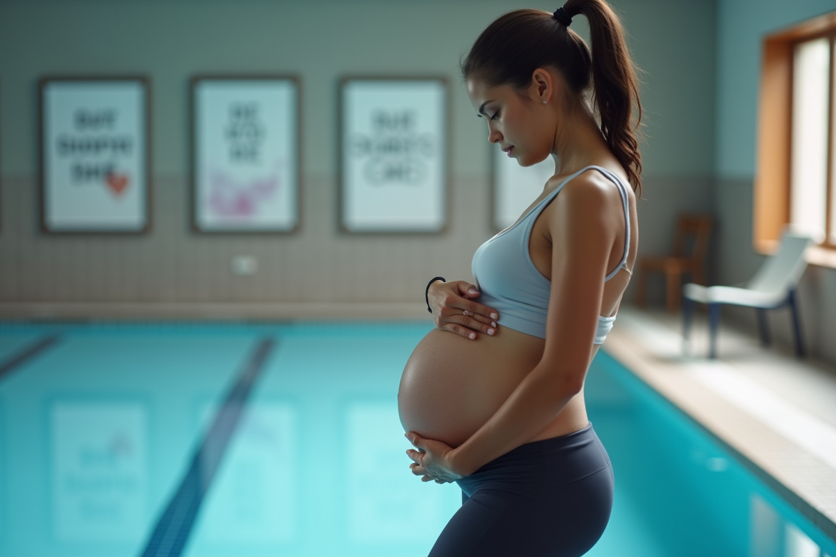 Femme enceinte en sport près de la piscine intérieure