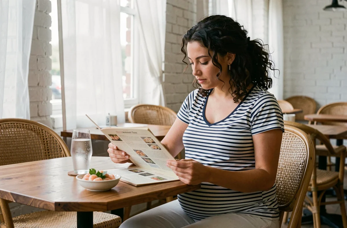 Femme enceinte au restaurant examinant un menu fruits de mer avec un bol de crevettes cuites sur la table, thème grossesse et alimentation sécurisée