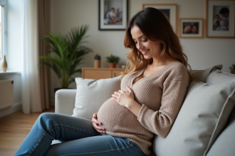 Femme enceinte souriante dans un salon moderne