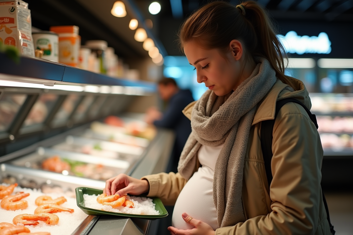 Femme enceinte regardant un paquet de crevettes au supermarche