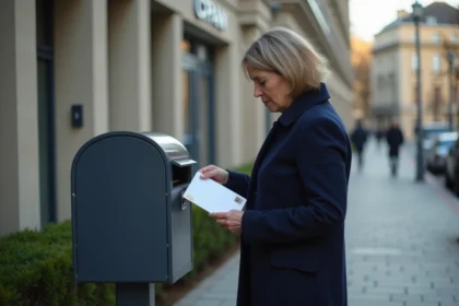 Femme en navy déposant une lettre à la poste à Nanterre