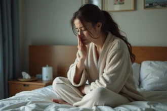 Femme fatiguée en pyjama dans son lit