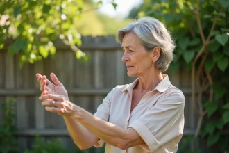 Femme examinant une zone irritée de la peau en extérieur