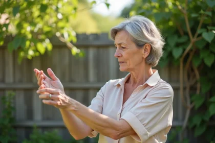 Femme examinant une zone irritée de la peau en extérieur