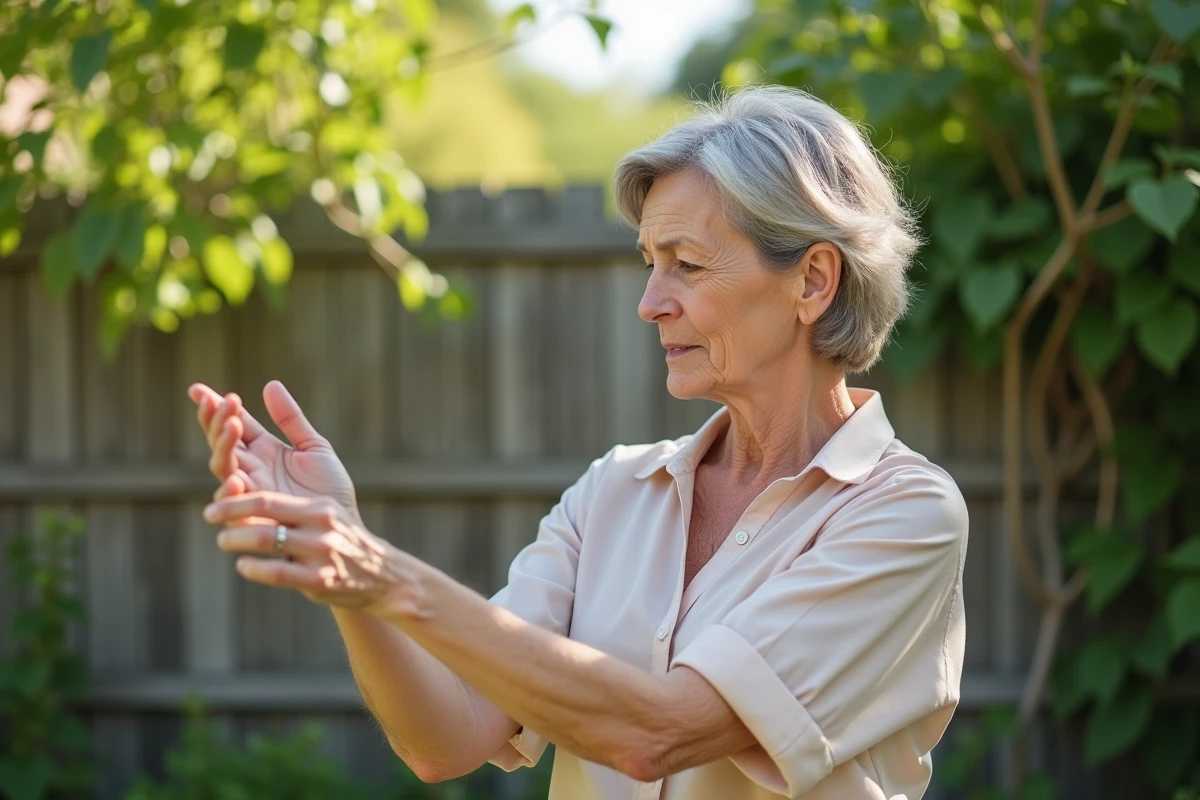 Femme examinant une zone irritée de la peau en extérieur