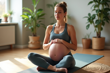 Femme faisant des exercices pelviens postnatals dans un salon lumineux