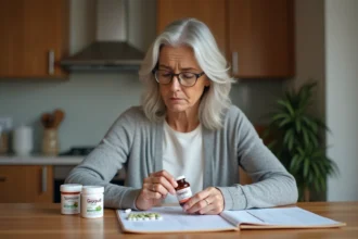 Femme d'âge mûr vérifiant un complément alimentaire Guggul PLUS avec son ordonnance médicale sur une table de cuisine