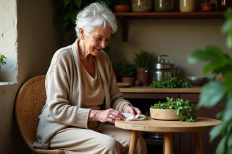 Femme âgée préparant une compresse aux plantes dans une cuisine rustique
