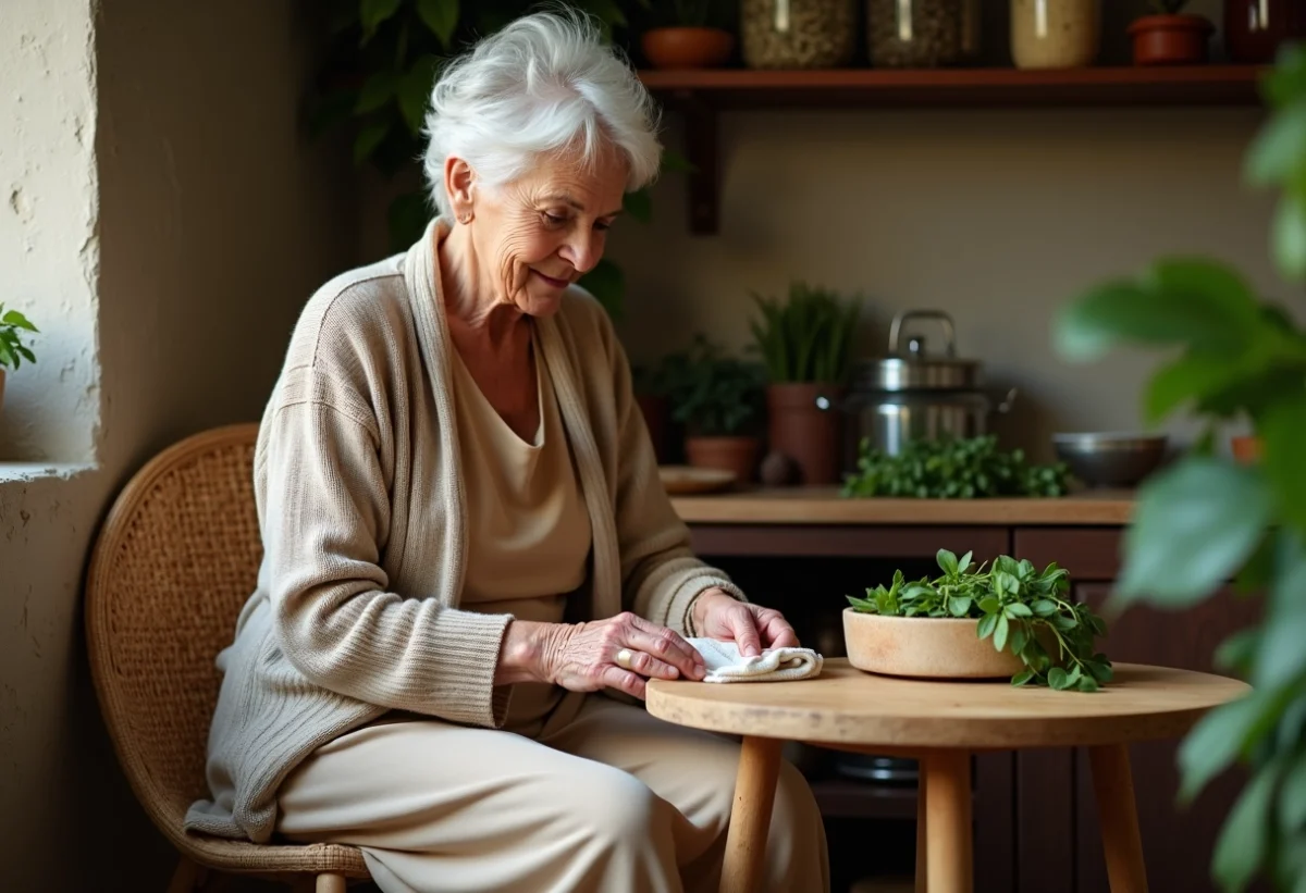 Femme âgée préparant une compresse aux plantes dans une cuisine rustique