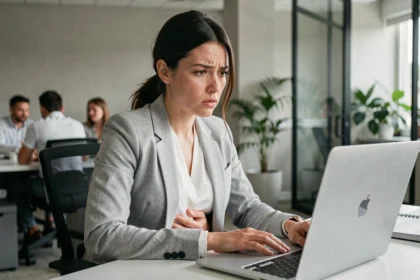 Femme stressée au bureau ressentant un inconfort abdominal lié au stress au travail